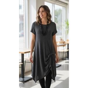 Comfy USA Size M Marled Black & Gray Waffle Knit Gathered Bottom Midi Dress